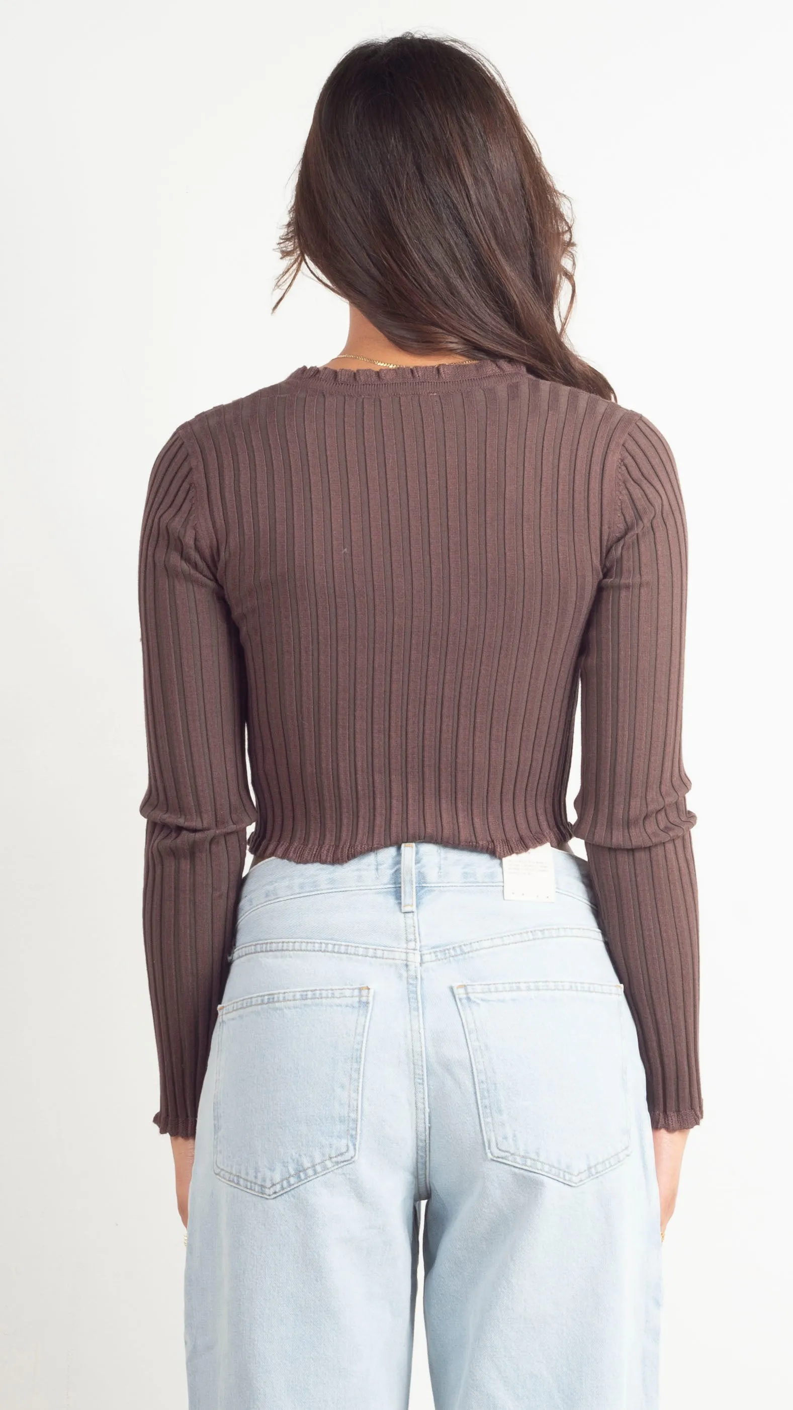 Athena Ribbed Cropped Cardi - Brown