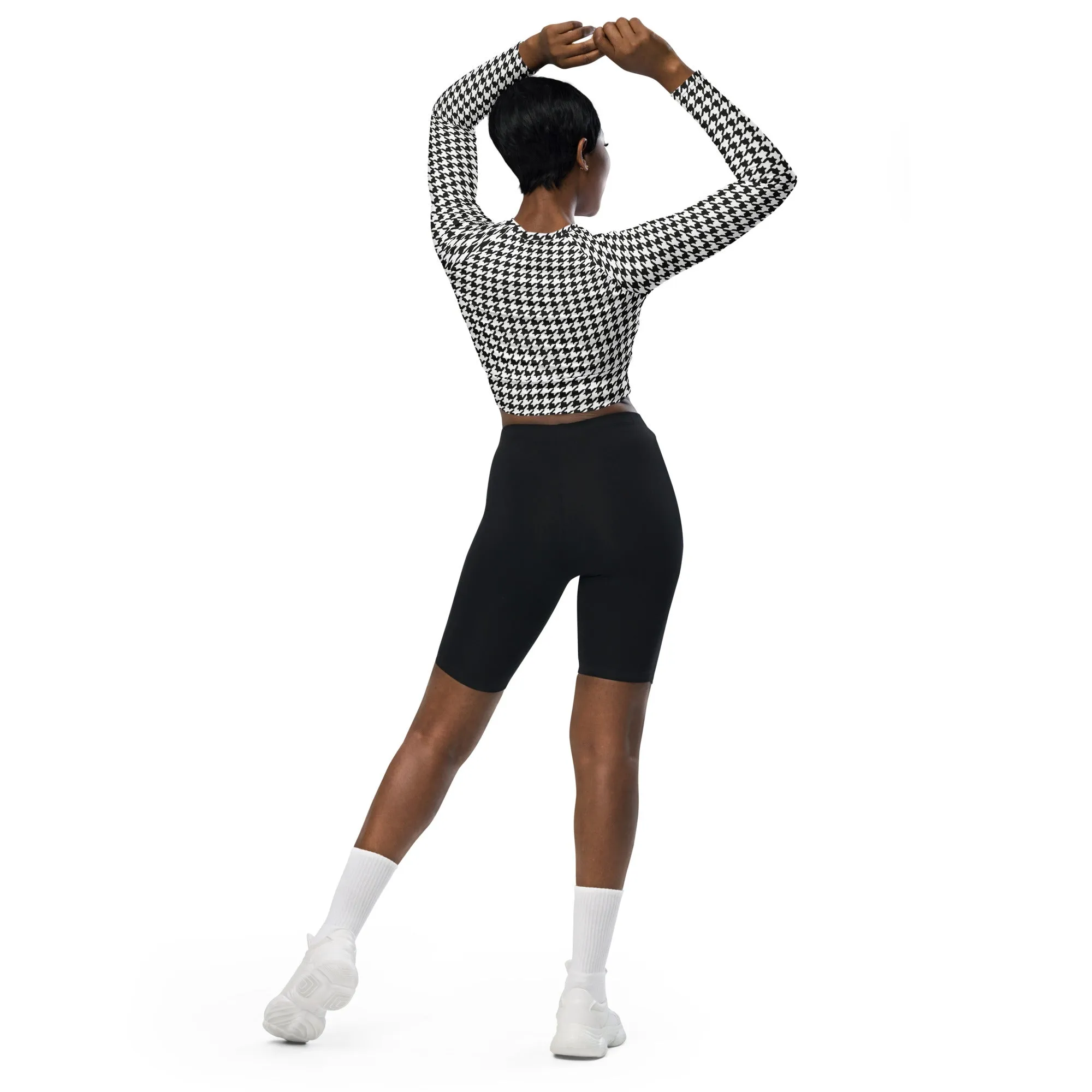 Black & White Houndstooth Print Recycled Long-sleeve Crop Top