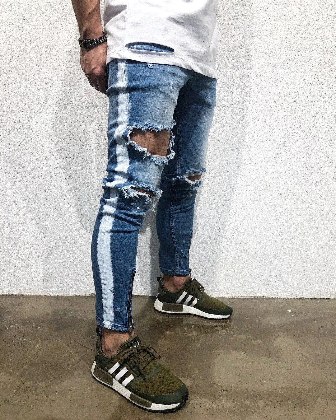 Blue Side Striped Destroyed Skinny Fit Denim B158 Streetwear Denim Jeans