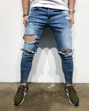 Blue Side Striped Destroyed Skinny Fit Denim B158 Streetwear Denim Jeans