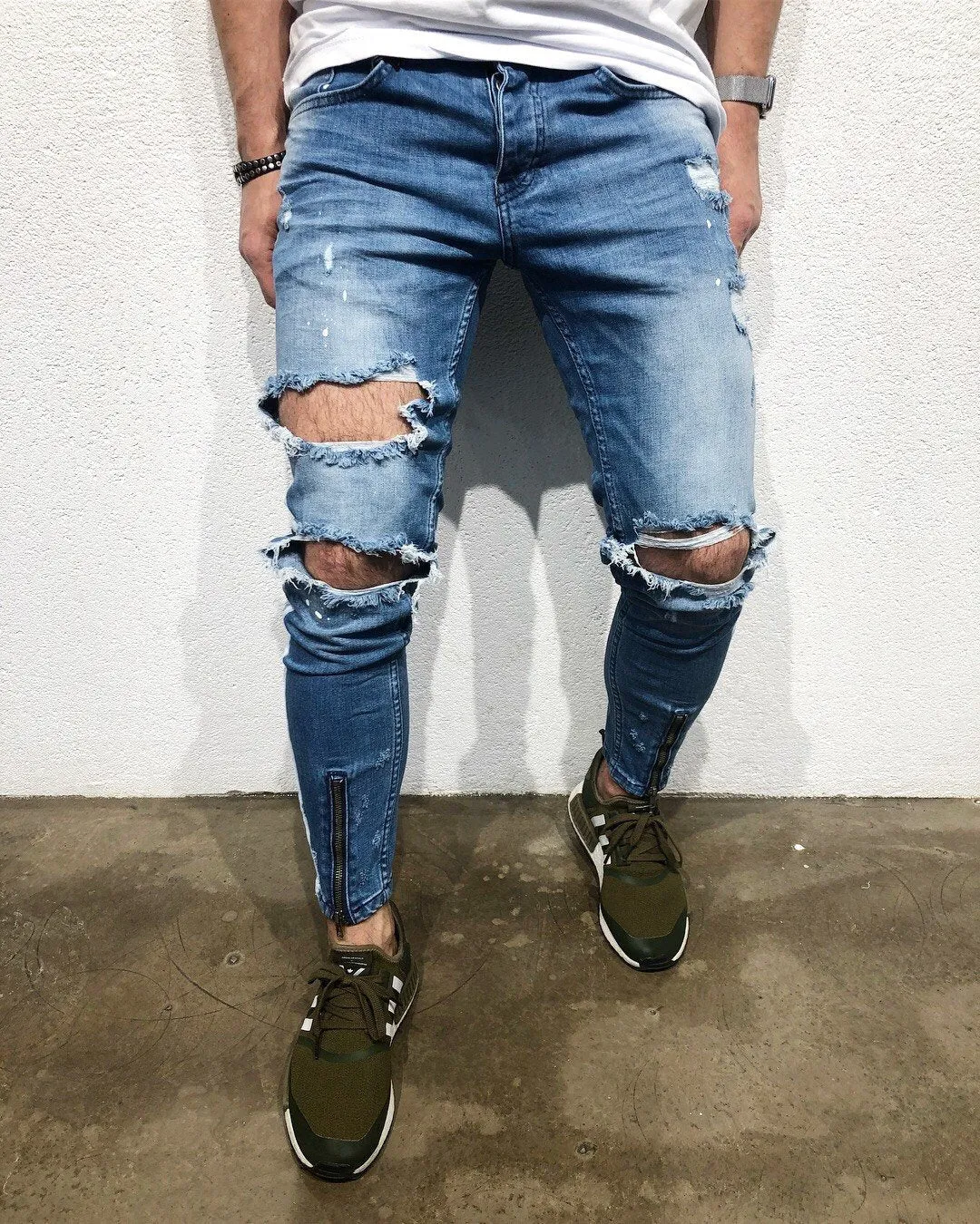 Blue Side Striped Destroyed Skinny Fit Denim B158 Streetwear Denim Jeans