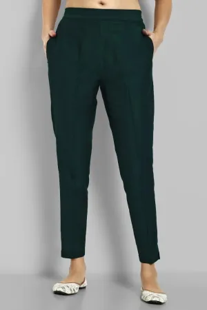 Bottle Green Straight Cotton Silk Pant with Pockets