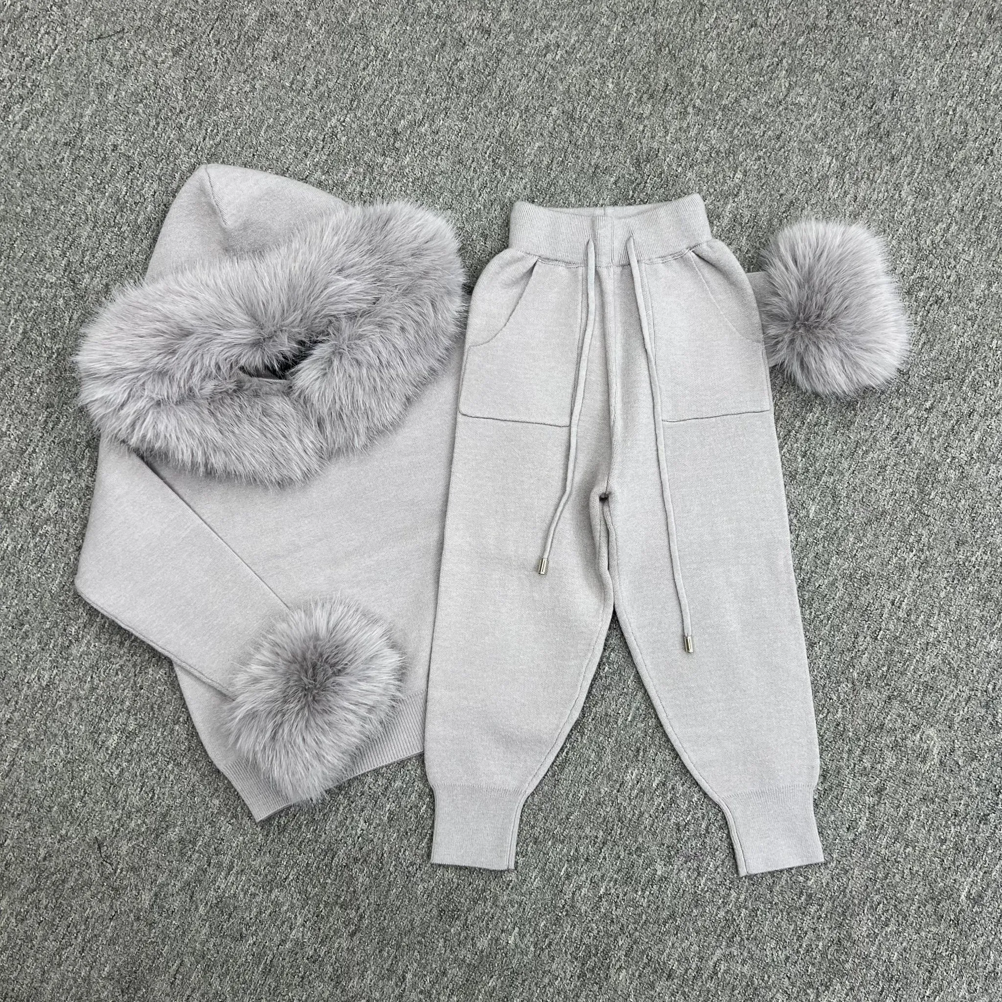 Childrens Light Grey Premium Faux Fur Hood & Cuff Tracksuit