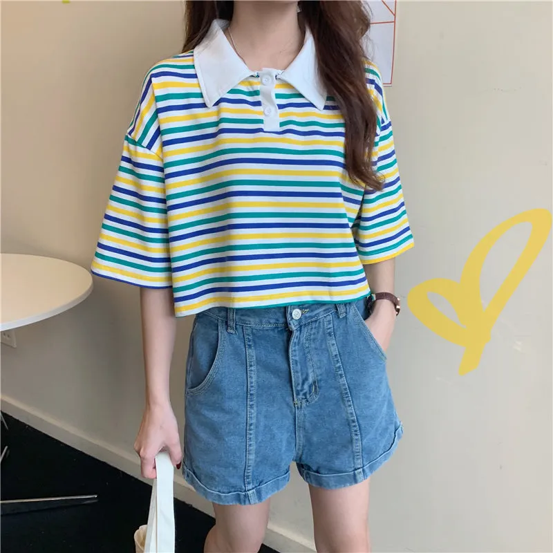 Color Block Rainbow Striped Polo Neck Crop Top T Shirt