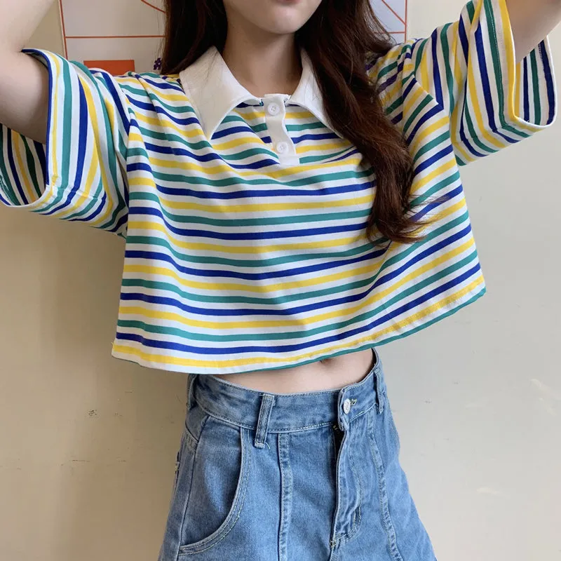 Color Block Rainbow Striped Polo Neck Crop Top T Shirt