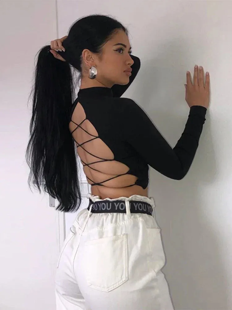 Cotton Hollow Out Sexy Bandage Backless Long Sleeve Harajuku Slim Streetwear Crop Tops