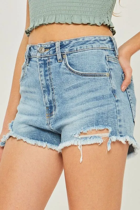 Denim high waisted frayed hem shorts