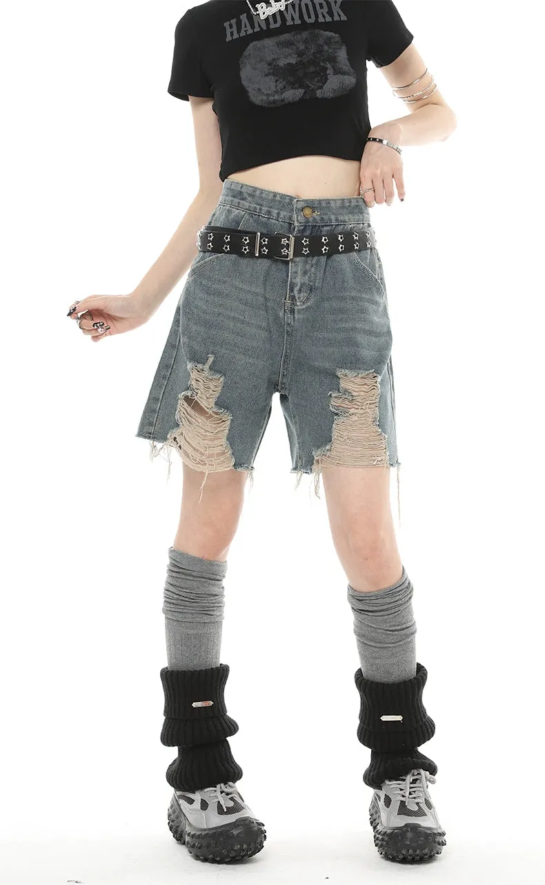 Distressed Denim Bermuda Straight-Leg Shorts