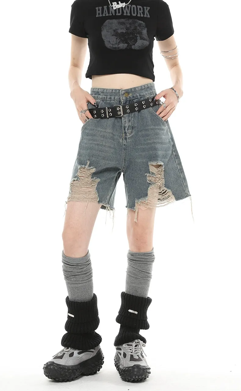 Distressed Denim Bermuda Straight-Leg Shorts