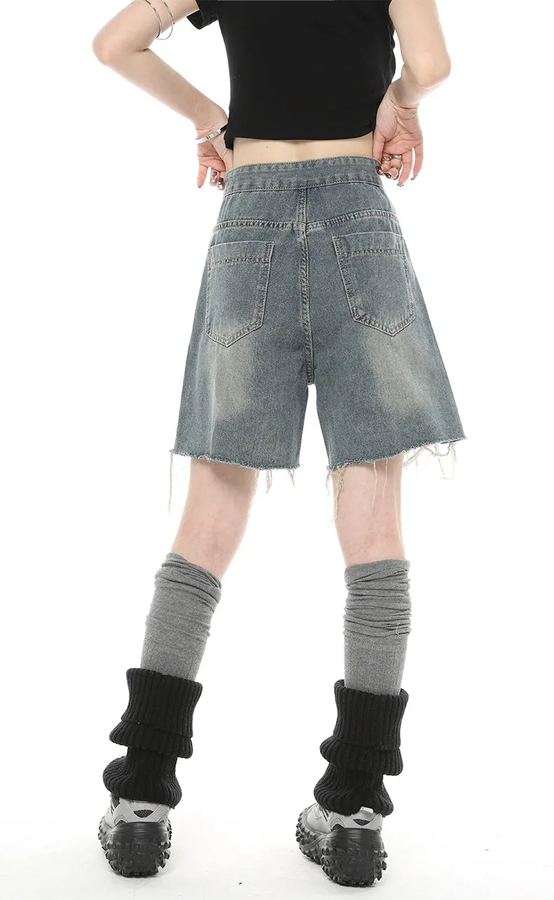 Distressed Denim Bermuda Straight-Leg Shorts