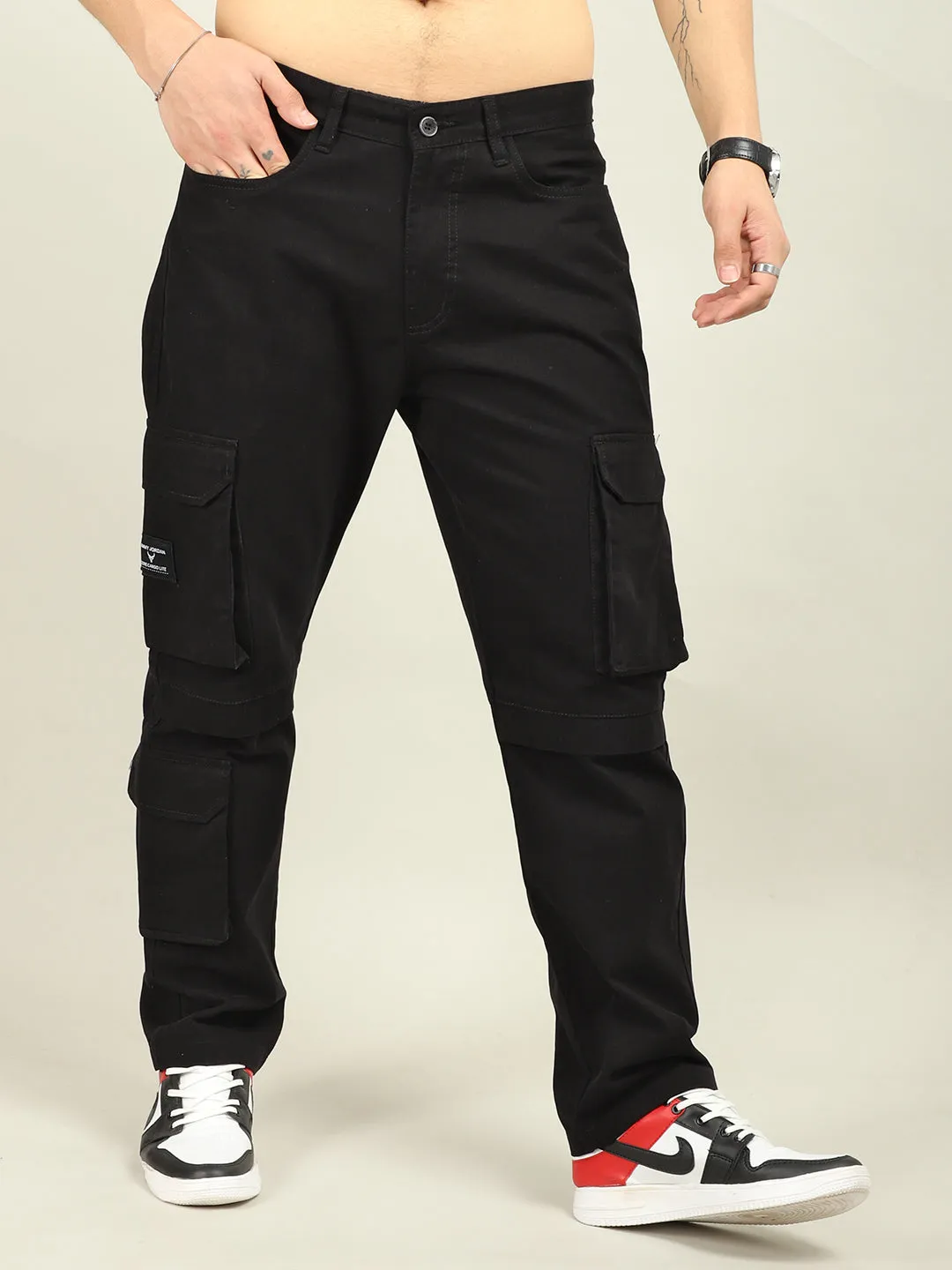 Fire Black Baggy Fit 8 Pocket Cargo