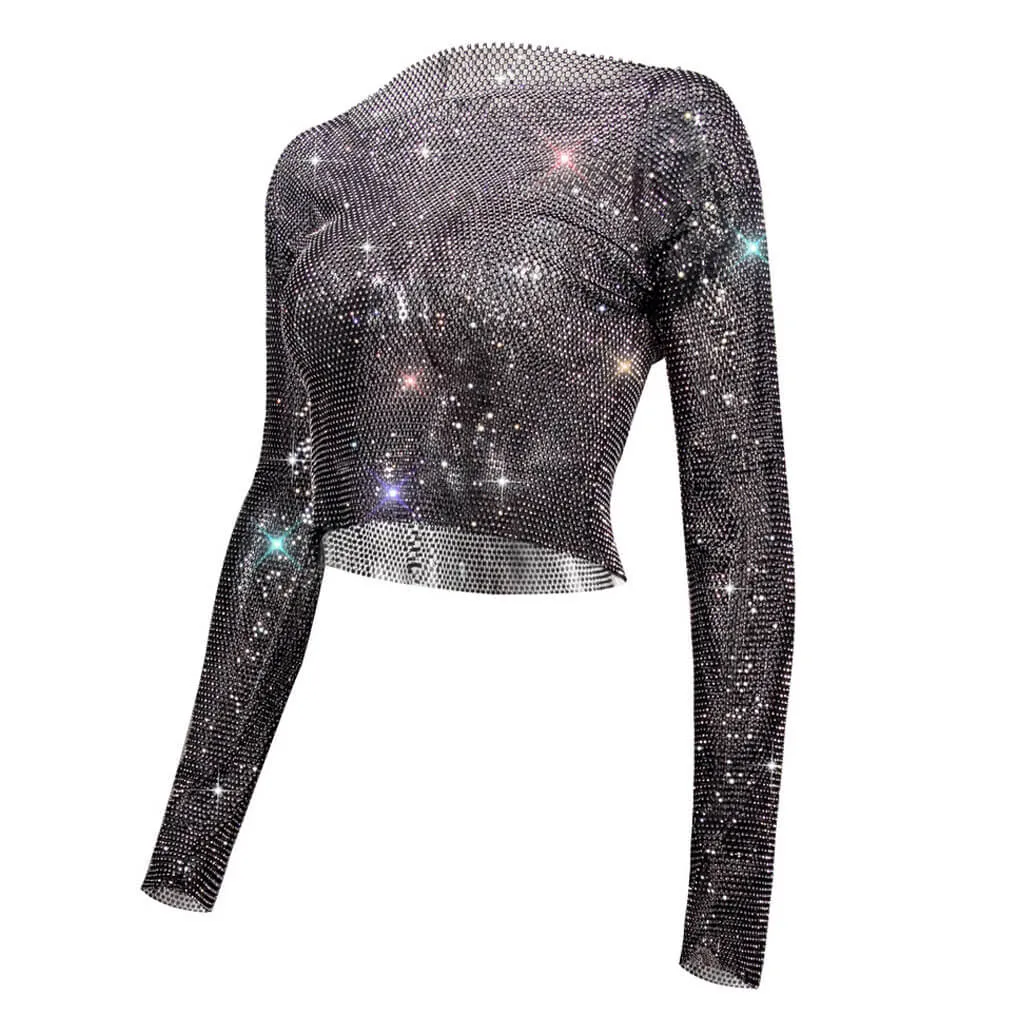 Black Glittery Rhinestone Embellished Mesh Long Sleeve Crop Top