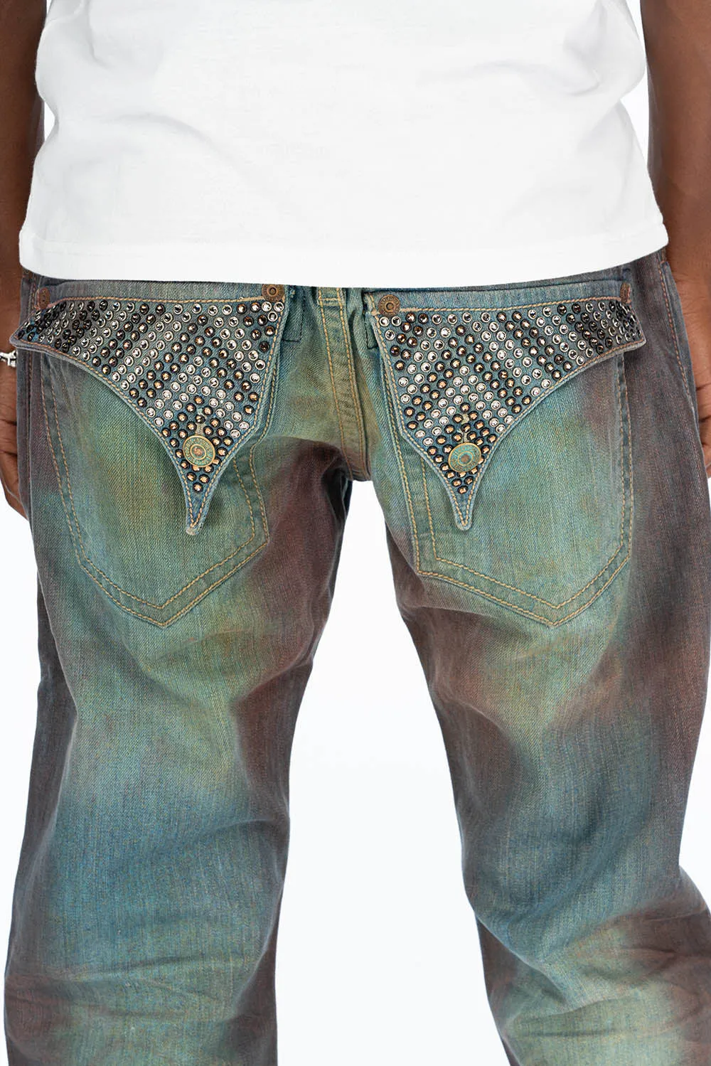 LONG FLAP STRAIGHT LEG JEANS WITH EMBROIDERY AND CRYSTALS  RUSTY BROKEN WASH