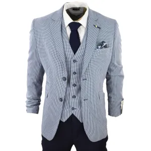 Mens 3 Piece Suit Grey Navy Contrasting Classic Summer Tailored Fit Regular Check