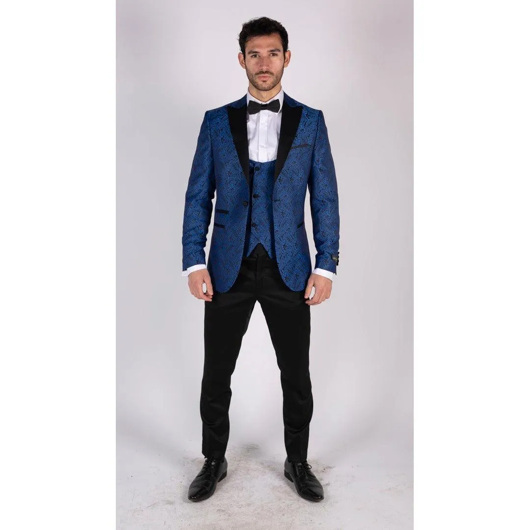 Mens Paisley Tuxedo Blazer And Waistcoat Brocade Dinner Jacket Satin Black Blue