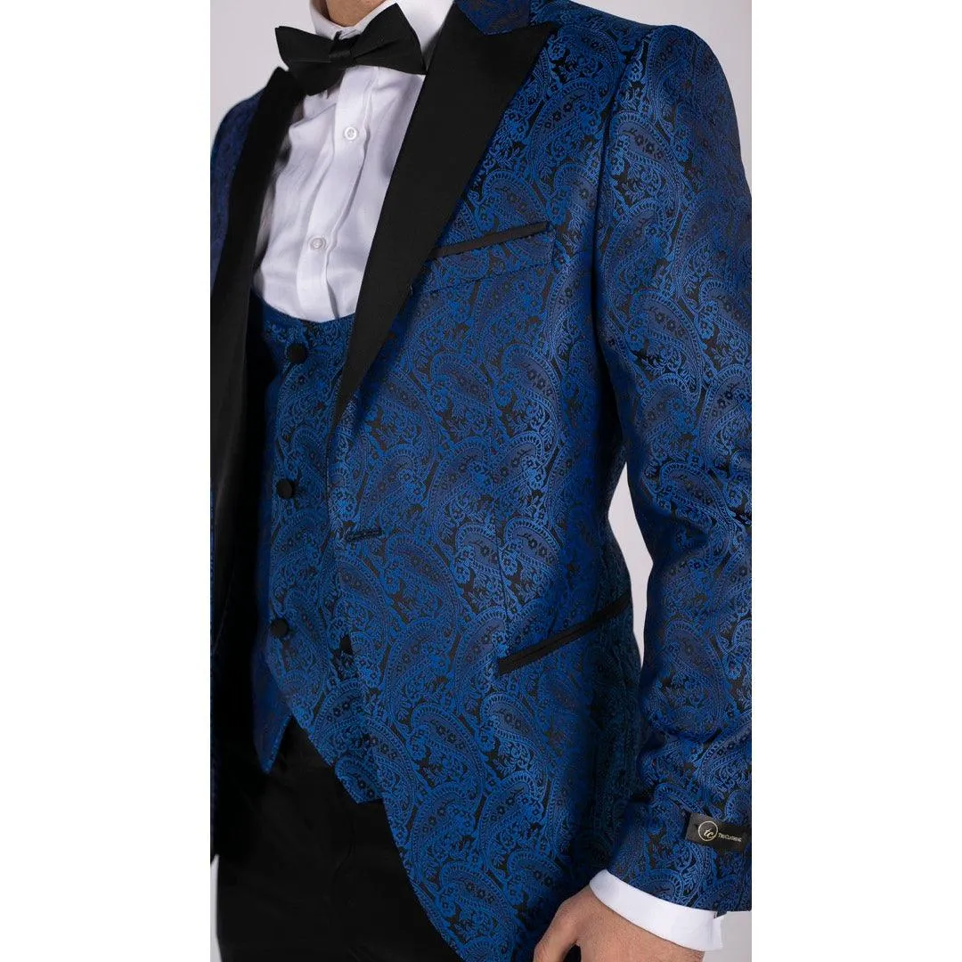 Mens Paisley Tuxedo Blazer And Waistcoat Brocade Dinner Jacket Satin Black Blue