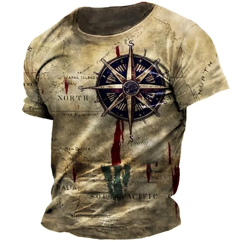 Men's T-Shirt Summer Tops Compass Printed Short-Sleeve Tees Casual Shirt