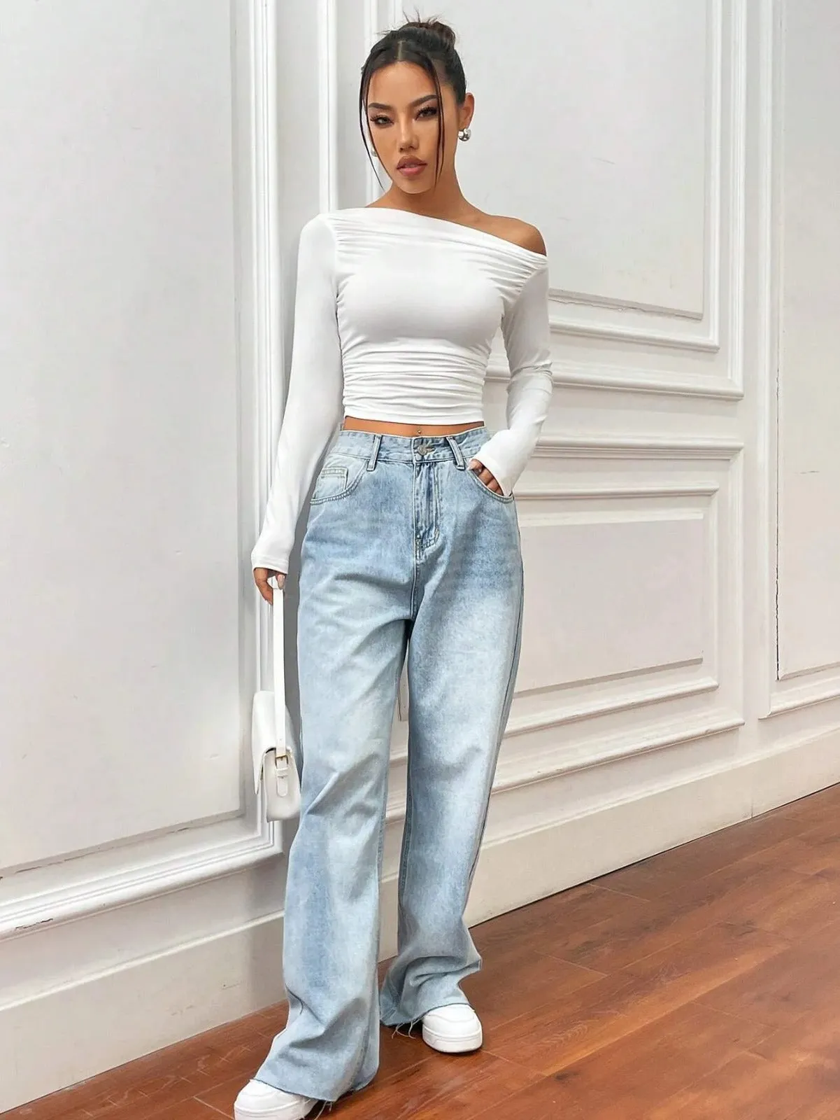 SOLID COLOR ASYMMETRIC COLLAR PLEATED CROPPED TOP